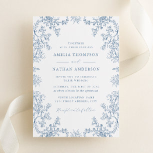 Invitation Mariage Floral Élégant Vintage Bleu Poussiéreux