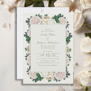 Invitation Mariage Floral Élégant Vintage Crème Blanc Ivoire