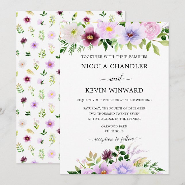 Invitation Mariage Floral Élégant Violet (Devant / Derrière)