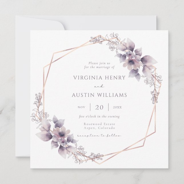 Invitation Mariage Floral Élégant Violet (Devant)