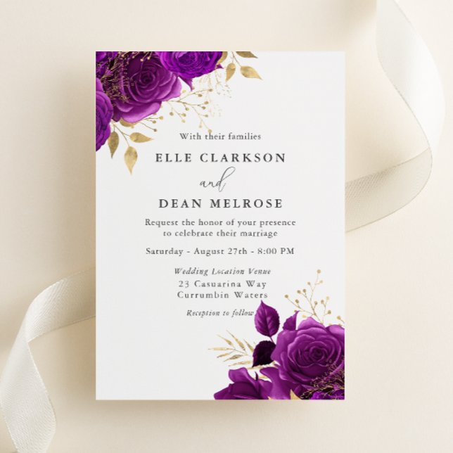 Invitation Mariage Floral Élégant Violet et Or (Créateur téléchargé)