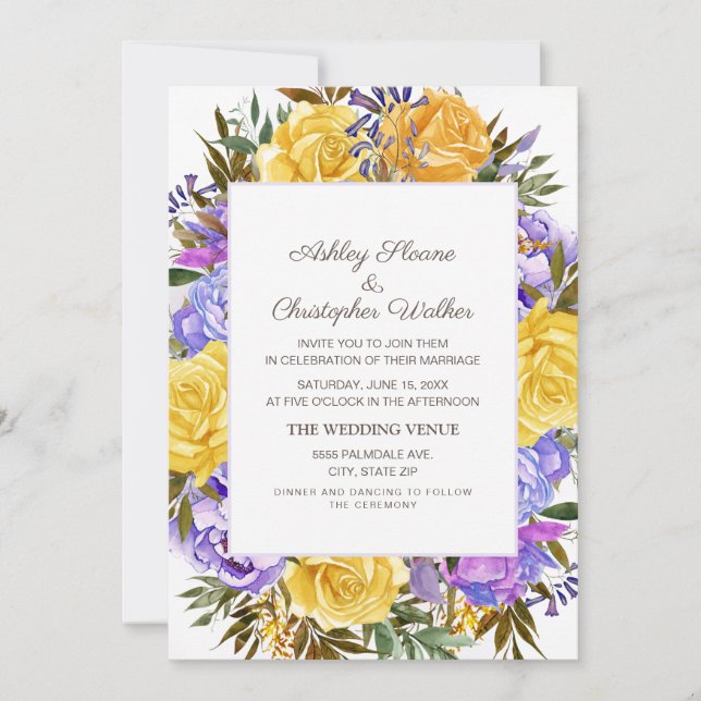 Invitation Mariage Floral Élégant Violet Jaune (Devant)