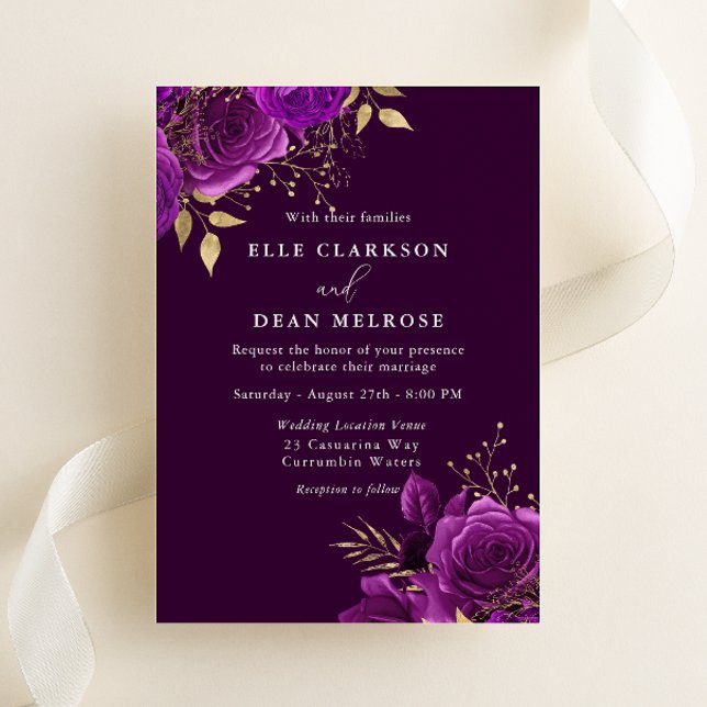 Invitation Mariage Floral Élégant Violet Prune & Or (Créateur téléchargé)