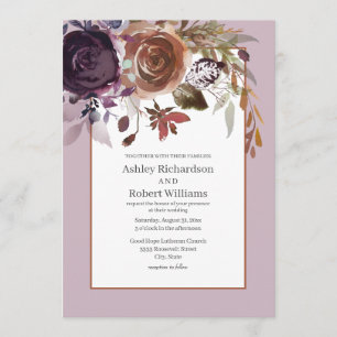 Invitation Mariage Floral Élégant Violet Prune Rose Or