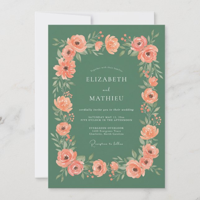 Invitation Mariage Floral Embrassant Vert Sauge (Devant)