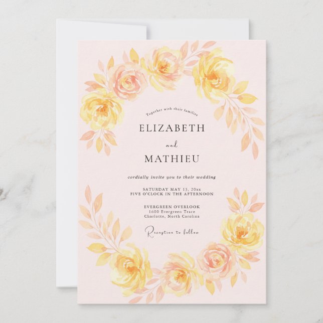 Invitation Mariage Floral Embrasse Jaune Rosé (Devant)