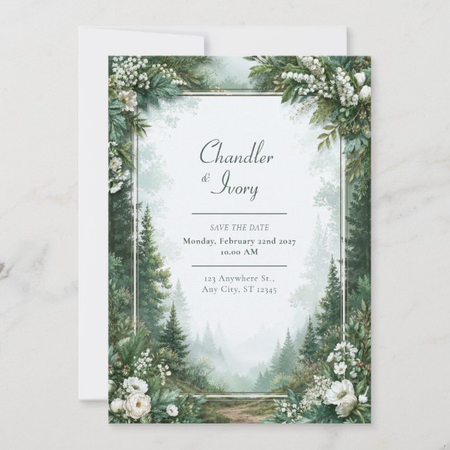 Invitation Mariage Floral Émeraude Brumeux (Devant)
