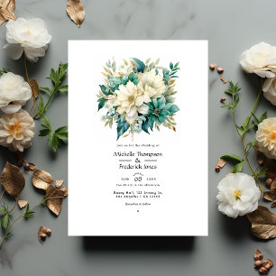 Invitation Mariage floral émeraude, crème et or