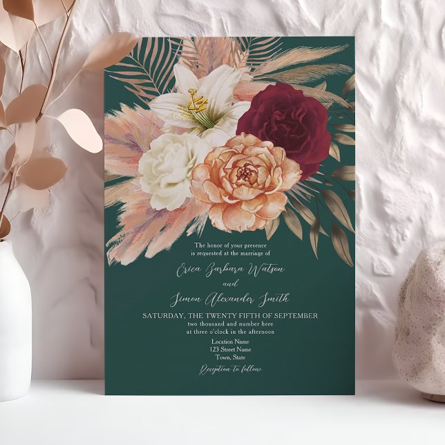 Invitation Mariage Floral Émeraude et Bourgogne Rustique (Créateur téléchargé)