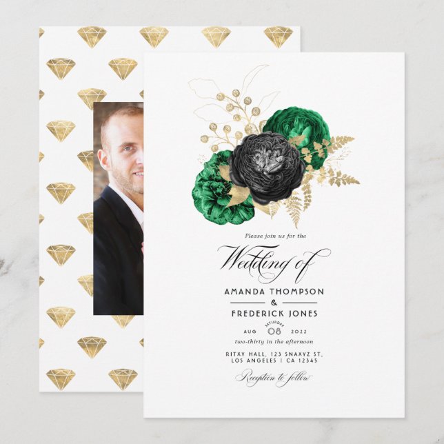 Invitation Mariage floral émeraude et or (Devant / Derrière)