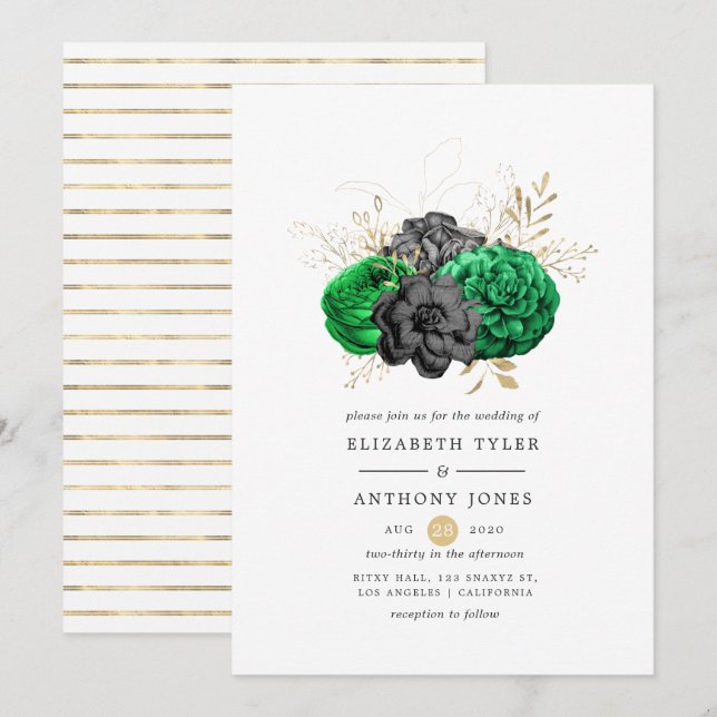 Invitation Mariage floral émeraude et or foncé (Devant / Derrière)