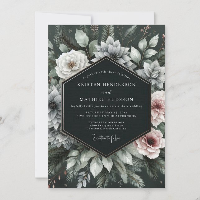 Invitation Mariage Floral Émeraude Profond et Maussade (Devant)