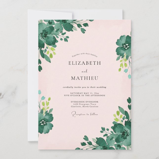 Invitation Mariage Floral Émeraude Rose Tendre (Devant)