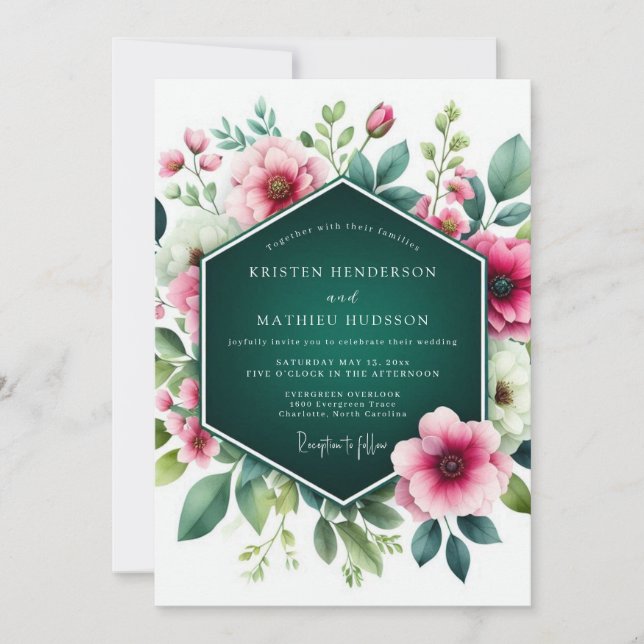 Invitation Mariage Floral Émeraude Vert Éblouissant (Devant)