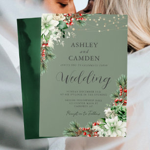 Invitation Mariage Floral Émeraude Vert Evergreen Hiver