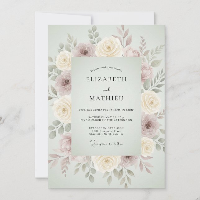 Invitation Mariage Floral Ému Vert Sauge (Devant)