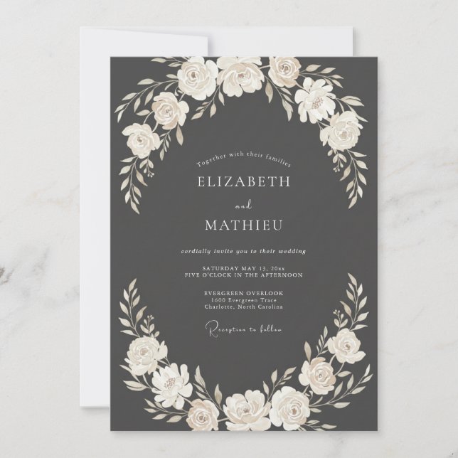 Invitation Mariage Floral en Bois Crème Blanc (Devant)