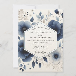 Invitation Mariage Floral en Bois Profond Bleu