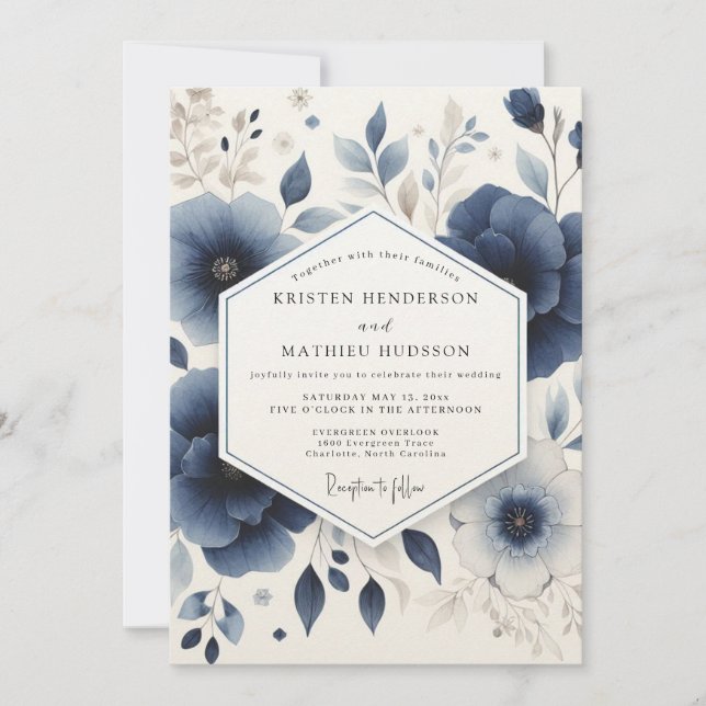 Invitation Mariage Floral en Bois Profond Bleu (Devant)