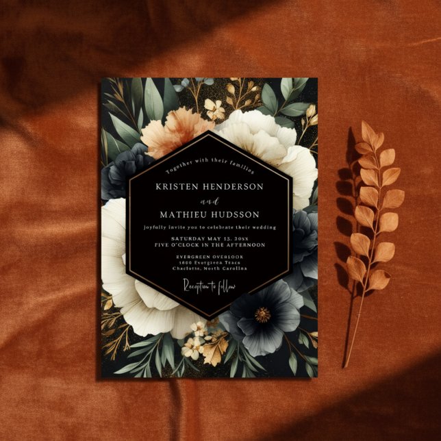 Invitation Mariage Floral en Bois Profond Navy (Créateur téléchargé)