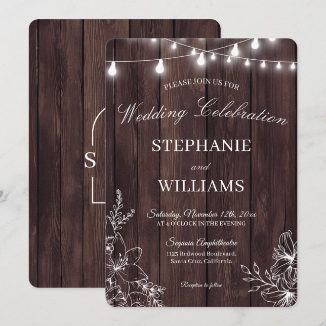 Invitation Mariage Floral en Bois Rustique et Acrylique Clair (Devant / Derrière)