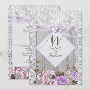 Invitation Mariage Floral en Bois Rustique Lavande Dentelle