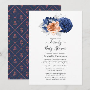 Invitation Mariage floral en corail, bleu marine et argent