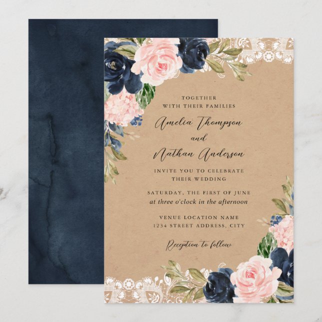 Invitation Mariage Floral en Dentelle Rose Navy Rustique (Devant / Derrière)