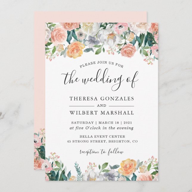 Invitation Mariage floral en fleurs des Roses du jardin (Devant / Derrière)