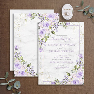Invitation Mariage floral en marbre doré Lilac Rustique
