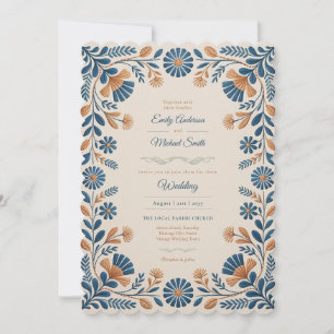 Invitation Mariage Floral en Terre Cuite Bleue d'Art Populair