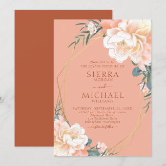 Invitation Mariage floral en terre cuite Blush Peach Crème or