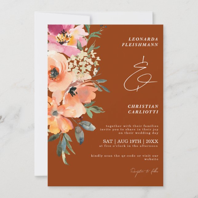 Invitation Mariage floral en terre cuite rouille (Devant)