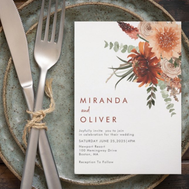 Invitation Mariage floral en terre cuite rouille Boho aquarel (Créateur téléchargé)