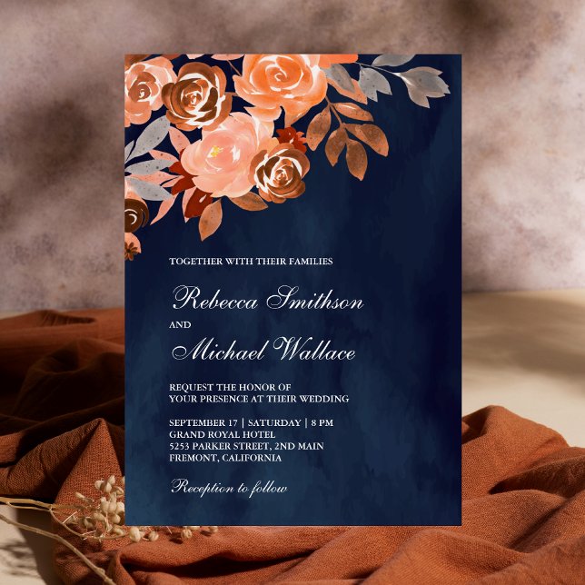 Invitation Mariage Floral en terre cuite rustique bleu marine (Créateur téléchargé)