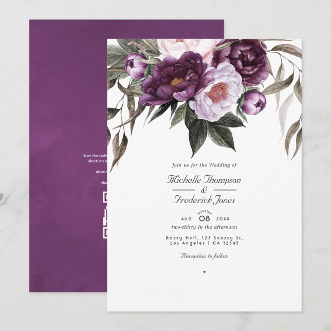 Invitation Mariage Floral en Velours Profond avec QR Code pou (Devant / Derrière)