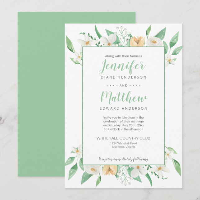 Invitation Mariage floral encadré blanc, jaune et vert (Devant / Derrière)