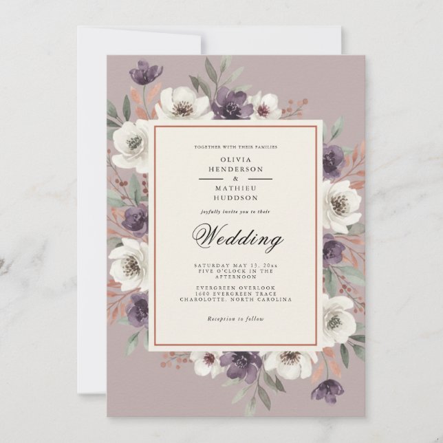 Invitation Mariage Floral Enchanté Mauve (Devant)