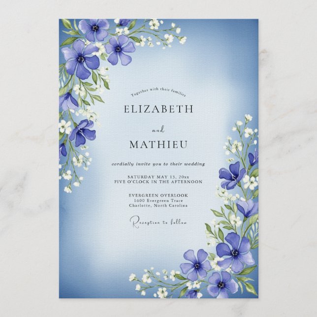 Invitation Mariage Floral Enchanté Pervenche à l'Aquarelle (Devant)