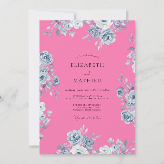 Invitation Mariage Floral Énergique Rose Chaud (Devant)