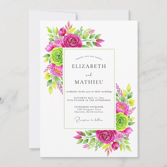 Invitation Mariage Floral Énergique Vert Citron Magenta (Devant)