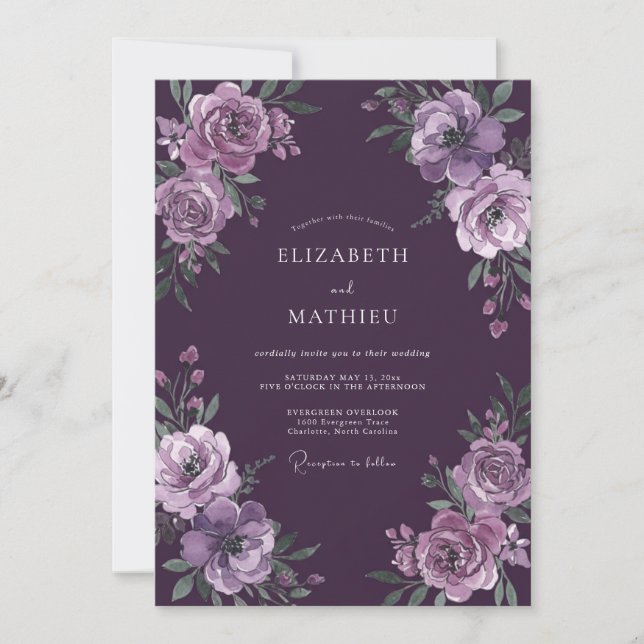 Invitation Mariage Floral Enigmatique au Plum (Devant)