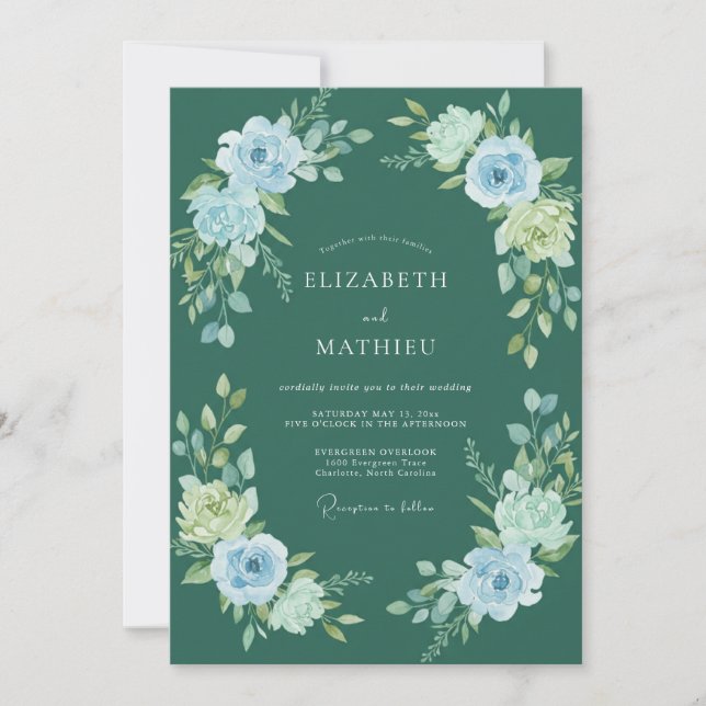 Invitation Mariage Floral Envoûtant Sarcelle (Devant)