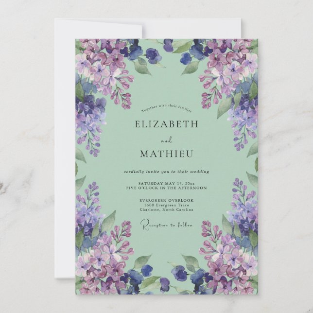 Invitation Mariage Floral Envoûtant Vert Menthe (Devant)