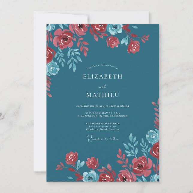 Invitation Mariage Floral Épanoui de Teal Crimson (Devant)