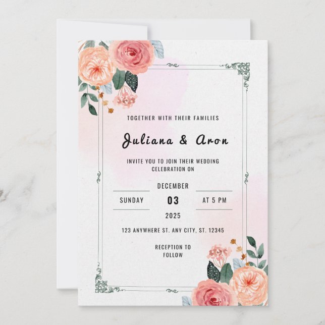 Invitation Mariage floral épicé blanc et rose (Devant)