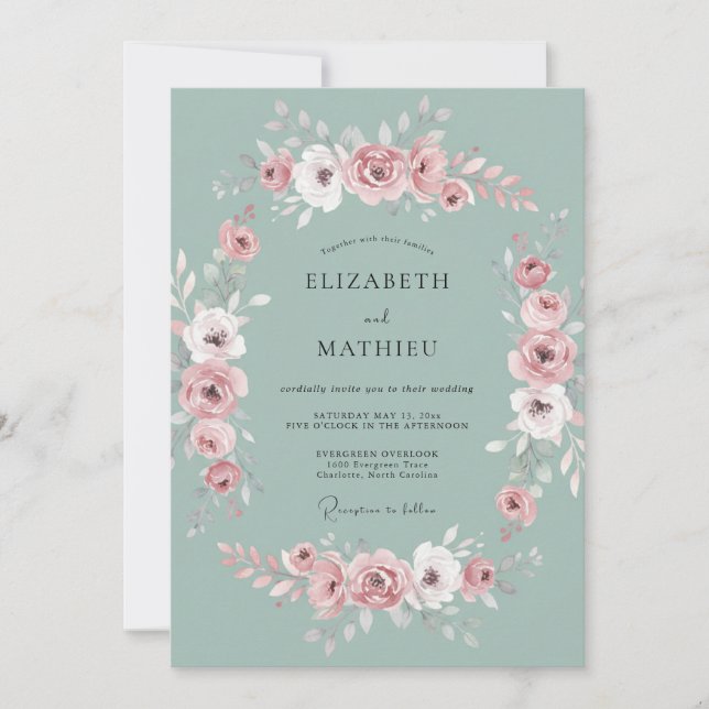 Invitation Mariage Floral Époustouflant Vert Sauge (Devant)