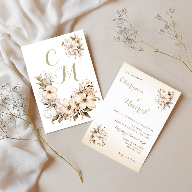 Invitation Mariage Floral Esthétique Beige  (Créateur téléchargé)