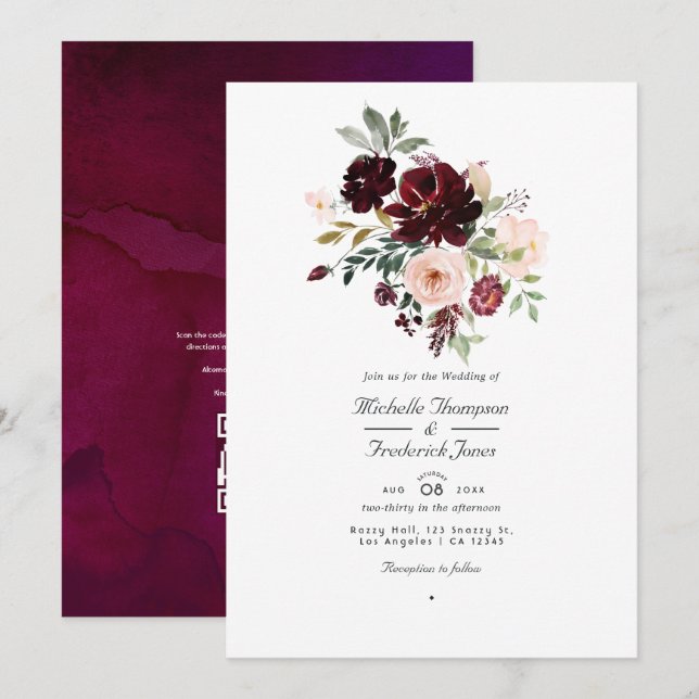 Invitation Mariage Floral et Baie de Bourgogne avec QR Code R (Devant / Derrière)