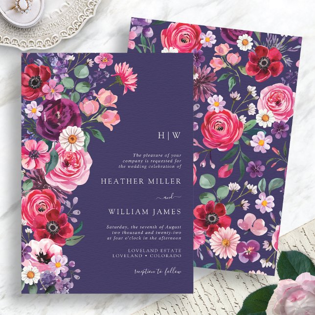 Invitation Mariage Floral et Maussade (Moody Navy Blue Floral Wedding Invitation Monogrammed by Painted Paperie
)